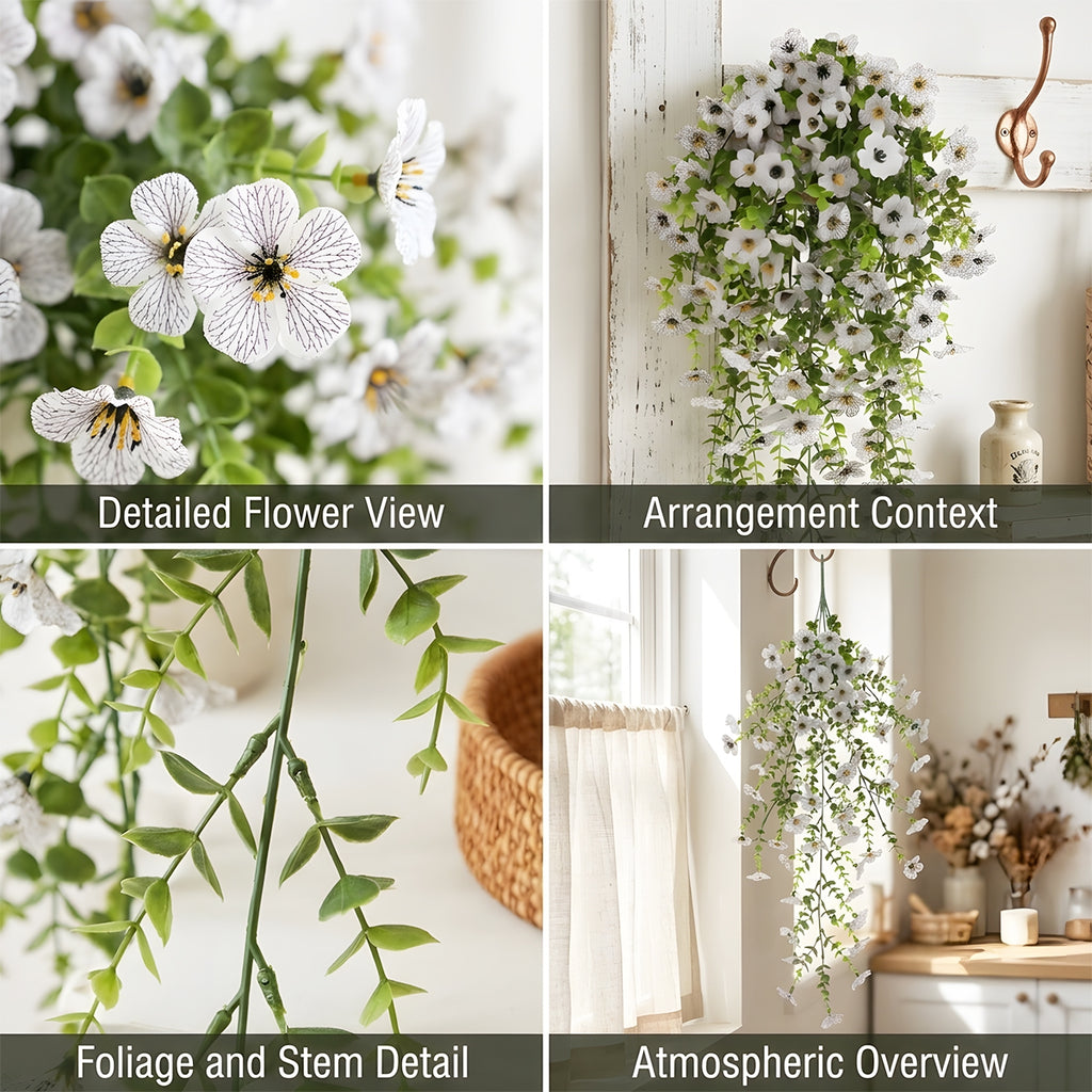 Artificial Hanging Flowers for Outdoors, Morning Glory Artificial Flowers with Eucalyptus Leaves, UV Resistant Fake Flower Realistic Faux Plants for Home Patio Porch Garden