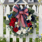 Patriotic Americana Wreath with Red White Blue Hydrangea & Flag Bow | 4th of July Front Door Decor for Summer Holiday Home Porch Wall Art