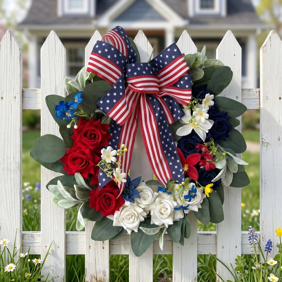 Patriotic Americana Wreath Fourth of July Front Door Decor Red White Blue Hydrangea Wreath with Flag Bow Summer Holiday Wall Art for Home Porch