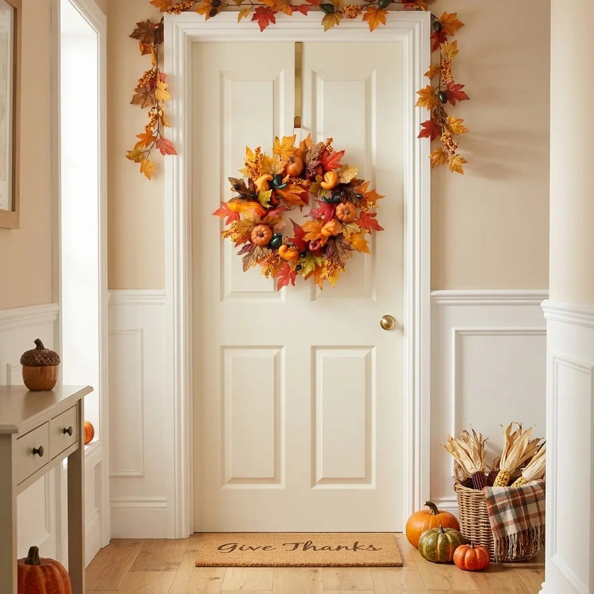 Fall harvest wreath with pumpkins and berries hanging on a white front door with porch steps and autumn decor