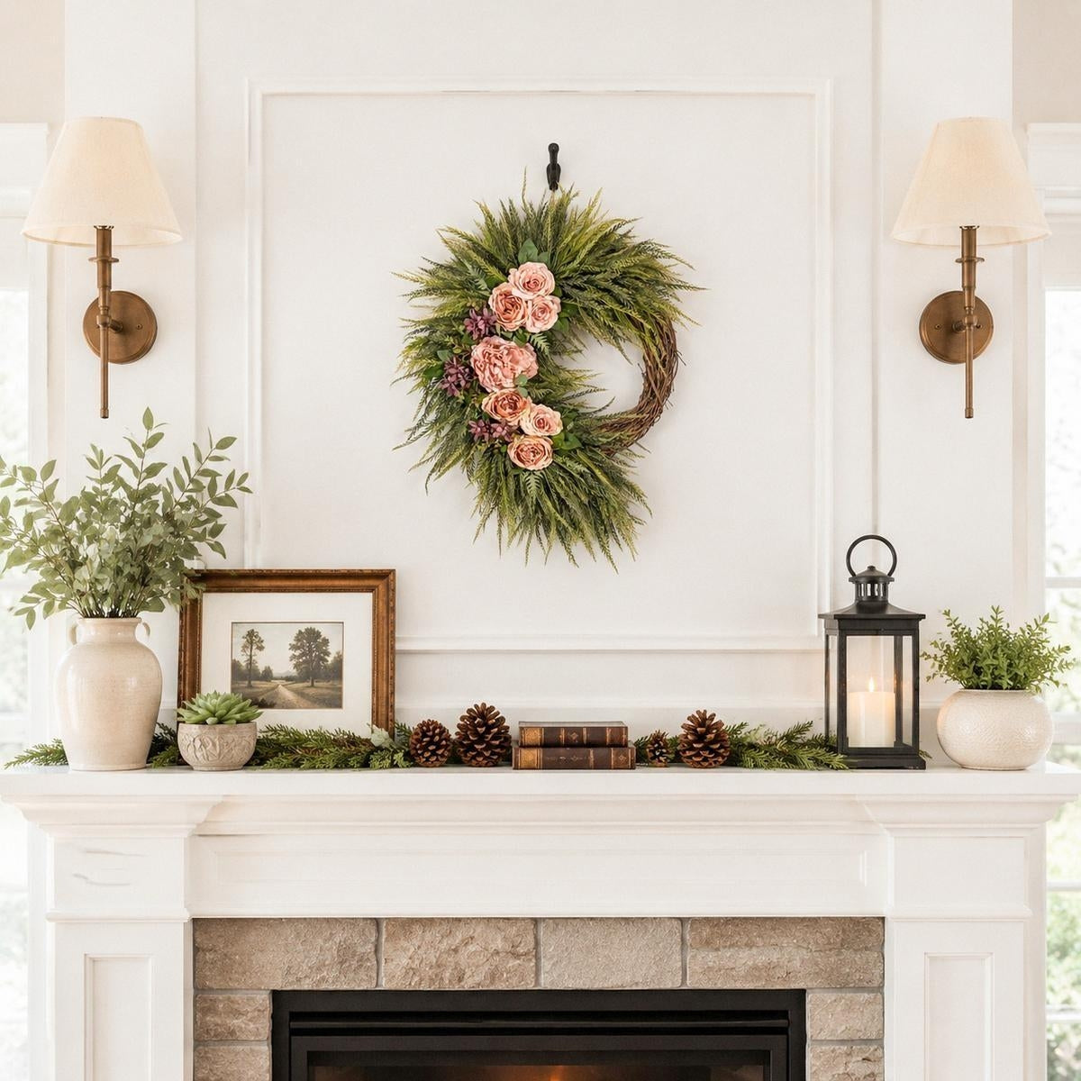 Asymmetric Pink Rose Wreath Front Door Decor Boho Fern Garland Spring Summer Home Wall Hanging Porch Art