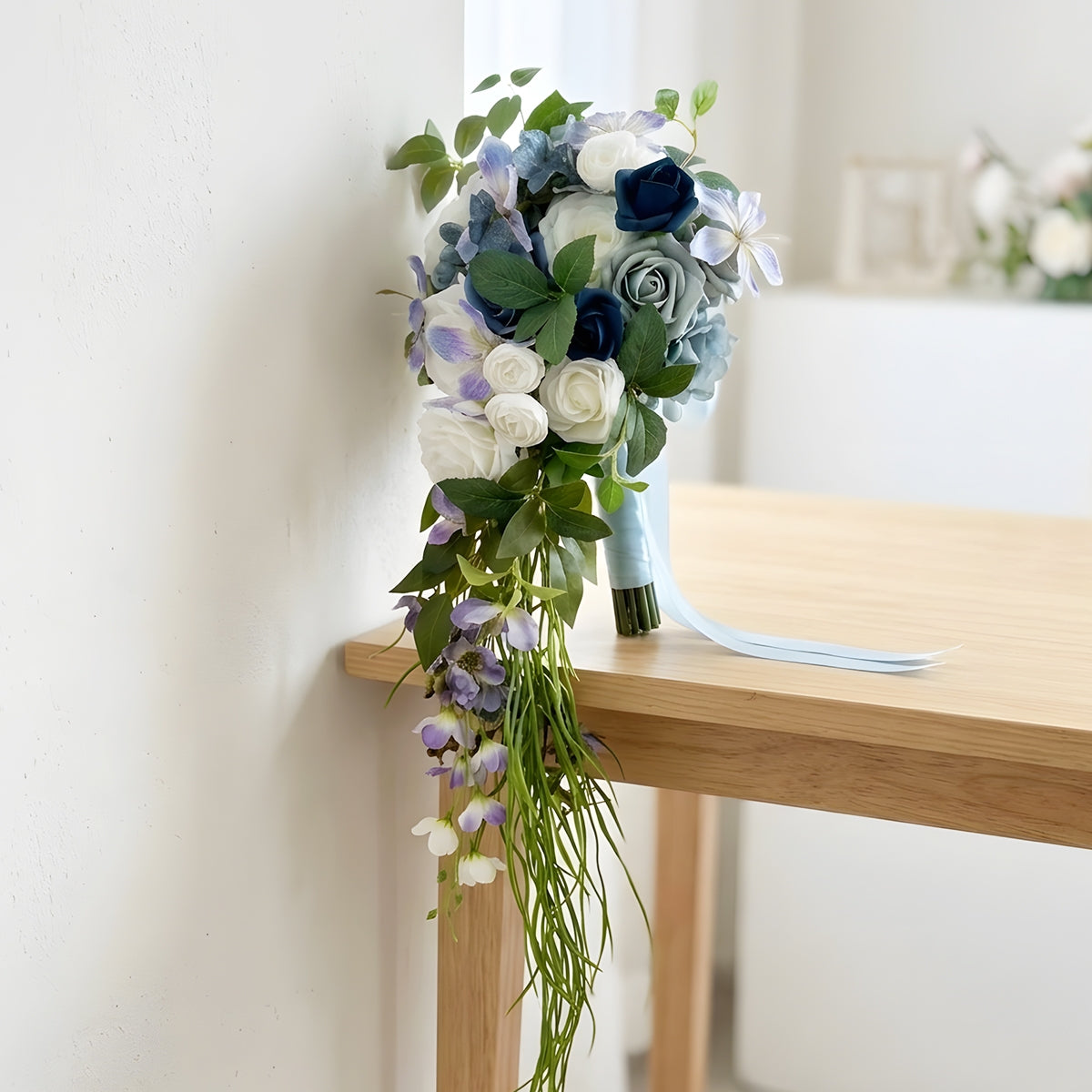 Cascading Blue Rose Bridal Bouquet | Waterfall Shape French Vintage Wedding Flowers