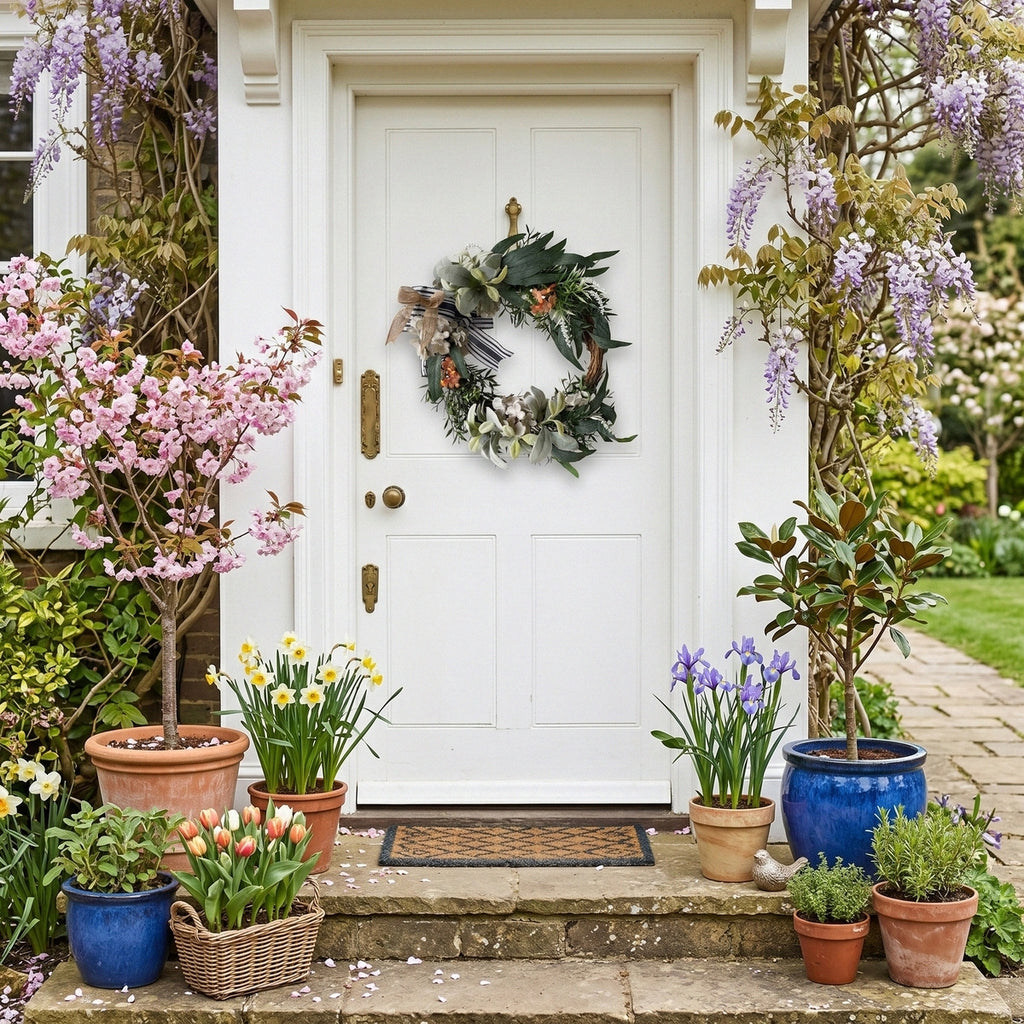 Modern farmhouse front door wreath with hydrangea bundle for neutral green leaf by IPOPU