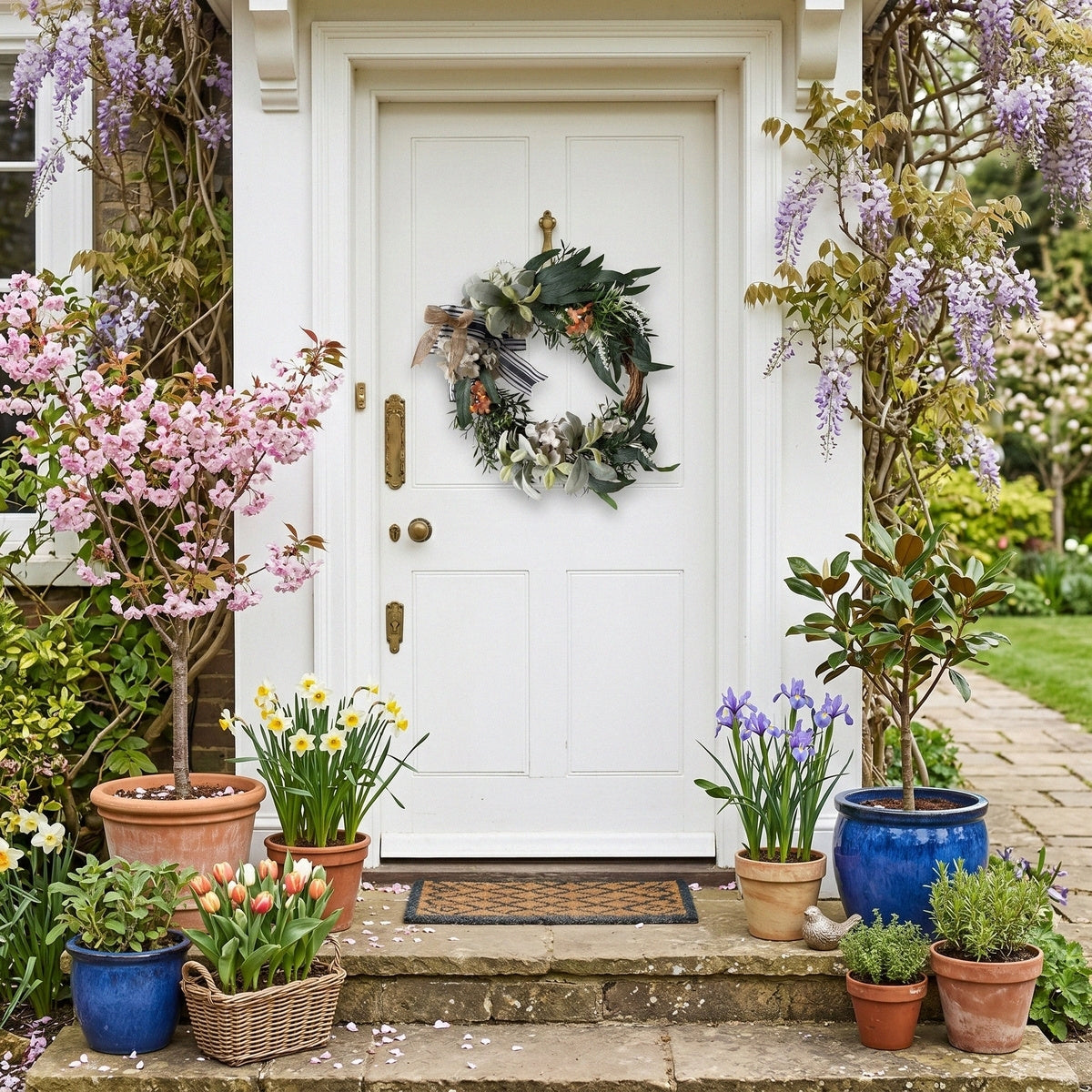 Modern Farmhouse Front Door Wreath with Hydrangea & Black White Striped Bow | Neutral Green Leaf Wall Art for Fall Winter Home Porch Decor