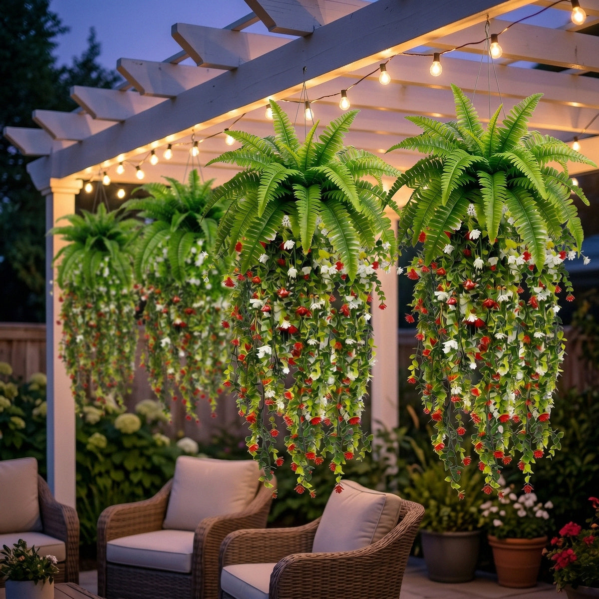 Artificial Hanging Fern Plant with Red and White Flower Vines Fake Boston Fern Wall Basket Greenery for Home Garden Patio Porch Ceiling Decor