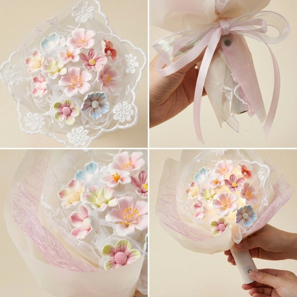 DIY Ceramic Flower Bouquet Material Kit Handmade Clay Assembly Set with Glaze for Home Decor Craft Gift