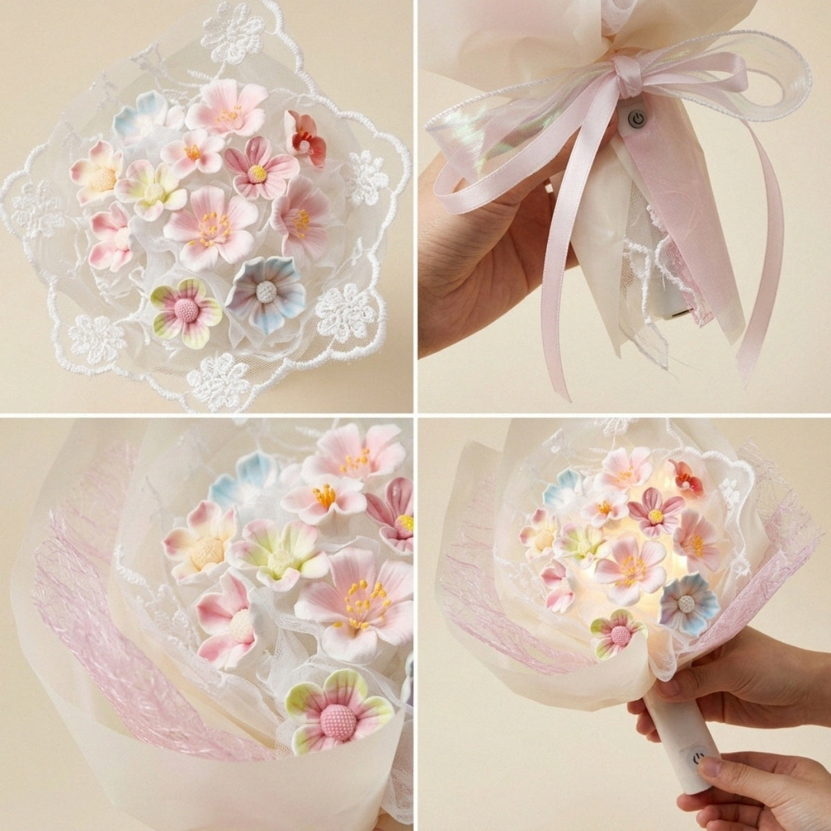 DIY Ceramic Flower Bouquet Material Kit Handmade Clay Assembly Set with Glaze for Home Decor Craft Gift