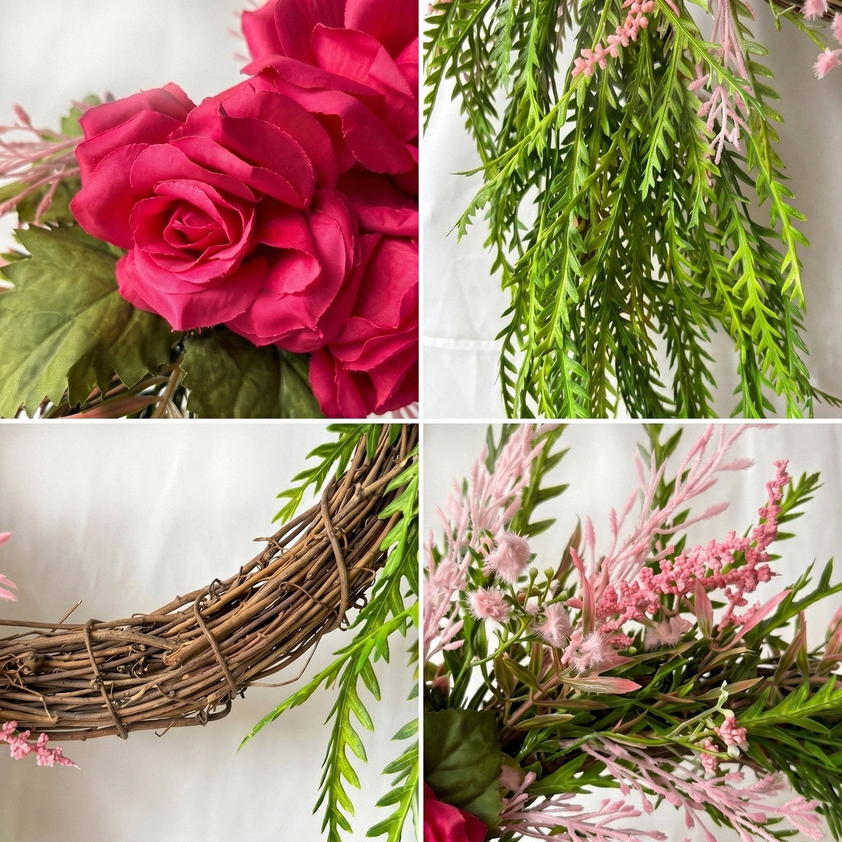 Cascading Rose Wreath Front Door Decor Romantic Pink Flower Wreath Green Foliage Wall Hanging Spring Summer Home Porch Entrance Decoration