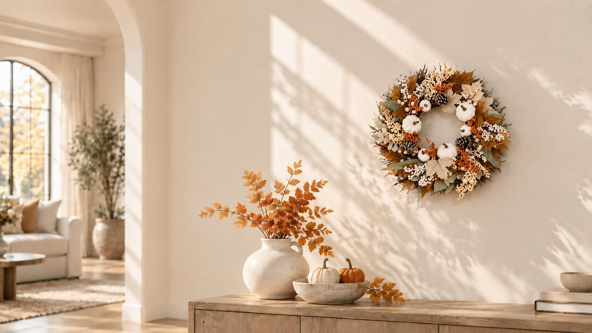 Autumn harvest wreath with white pumpkins, pine cones, and orange berries displayed in a bright Scandinavian-style living room with warm fall foliage
