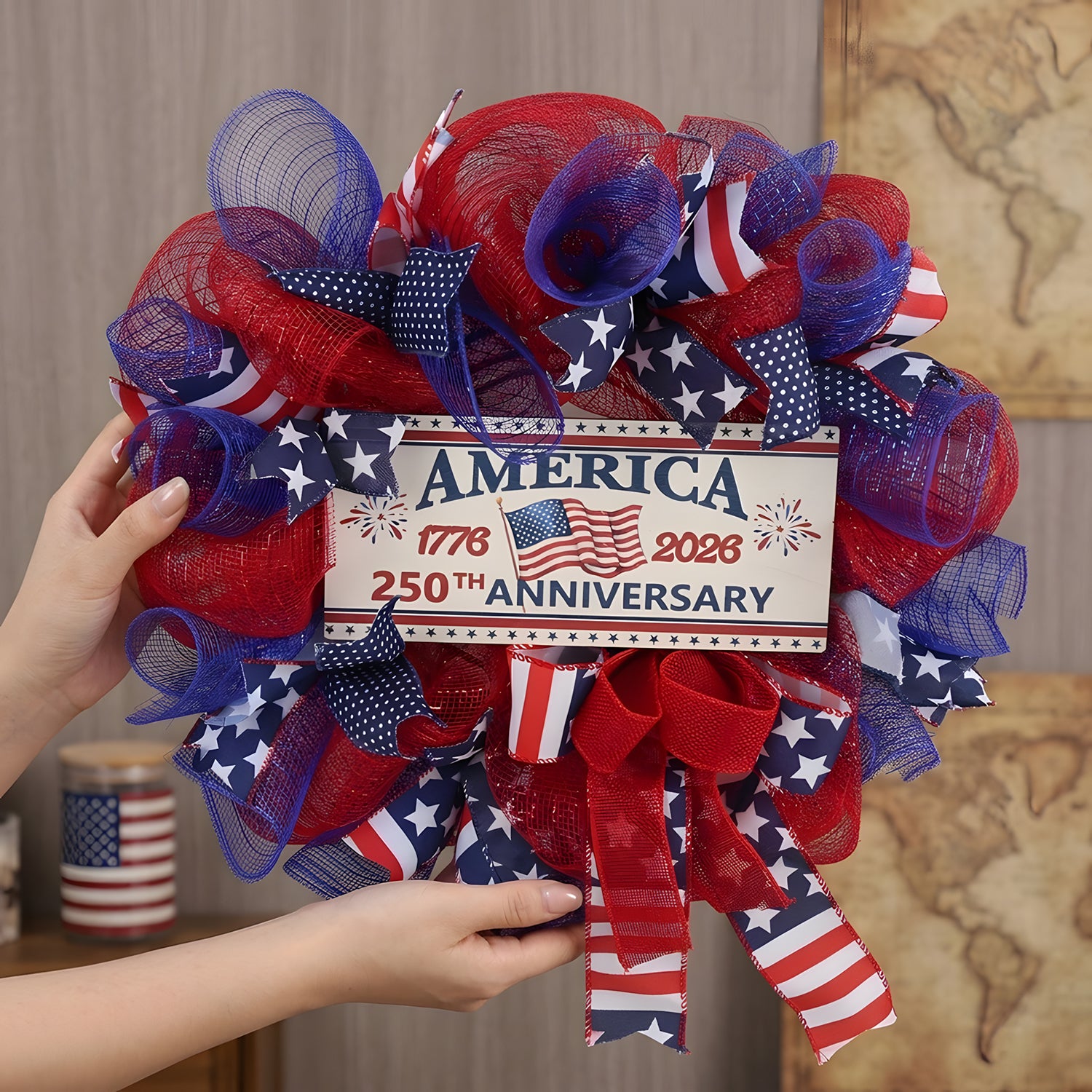 4th of July Patriotic Flag Wreath | Front Door Window Wall Independence Day Decor