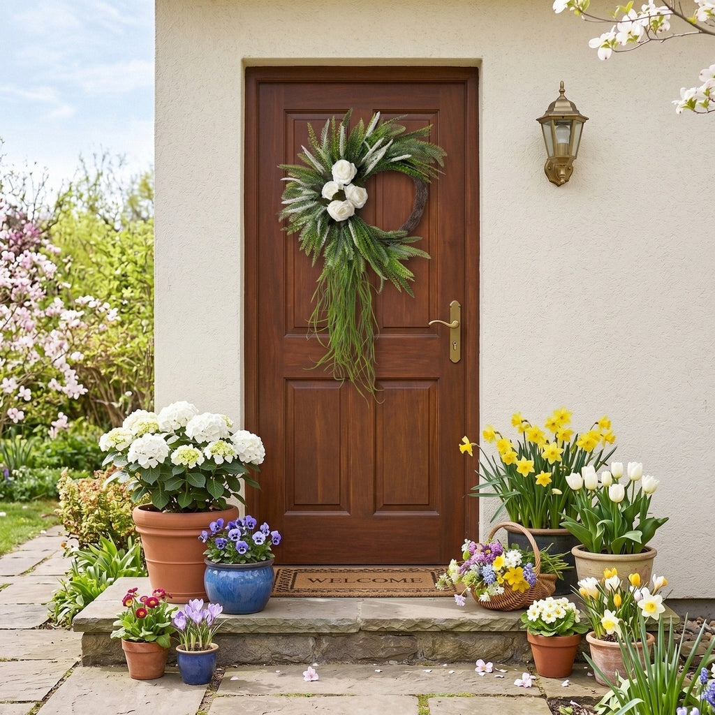Bohemian Fern Wreath with White Rose Cascading Design Front Door Decor Spring Summer Home Wall Hanging Porch Art