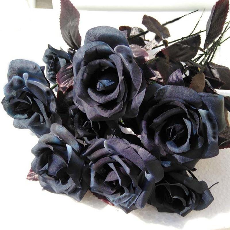 Black and white artificial roses with stems set of 10 for gothic wedding bouquet