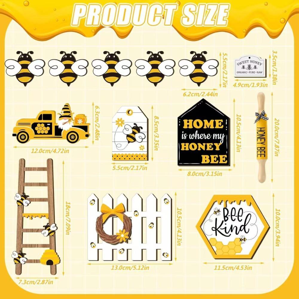 Summer tiered tray decor set with honey bee gnome wooden signs and yellow truck for farmhouse home decor

