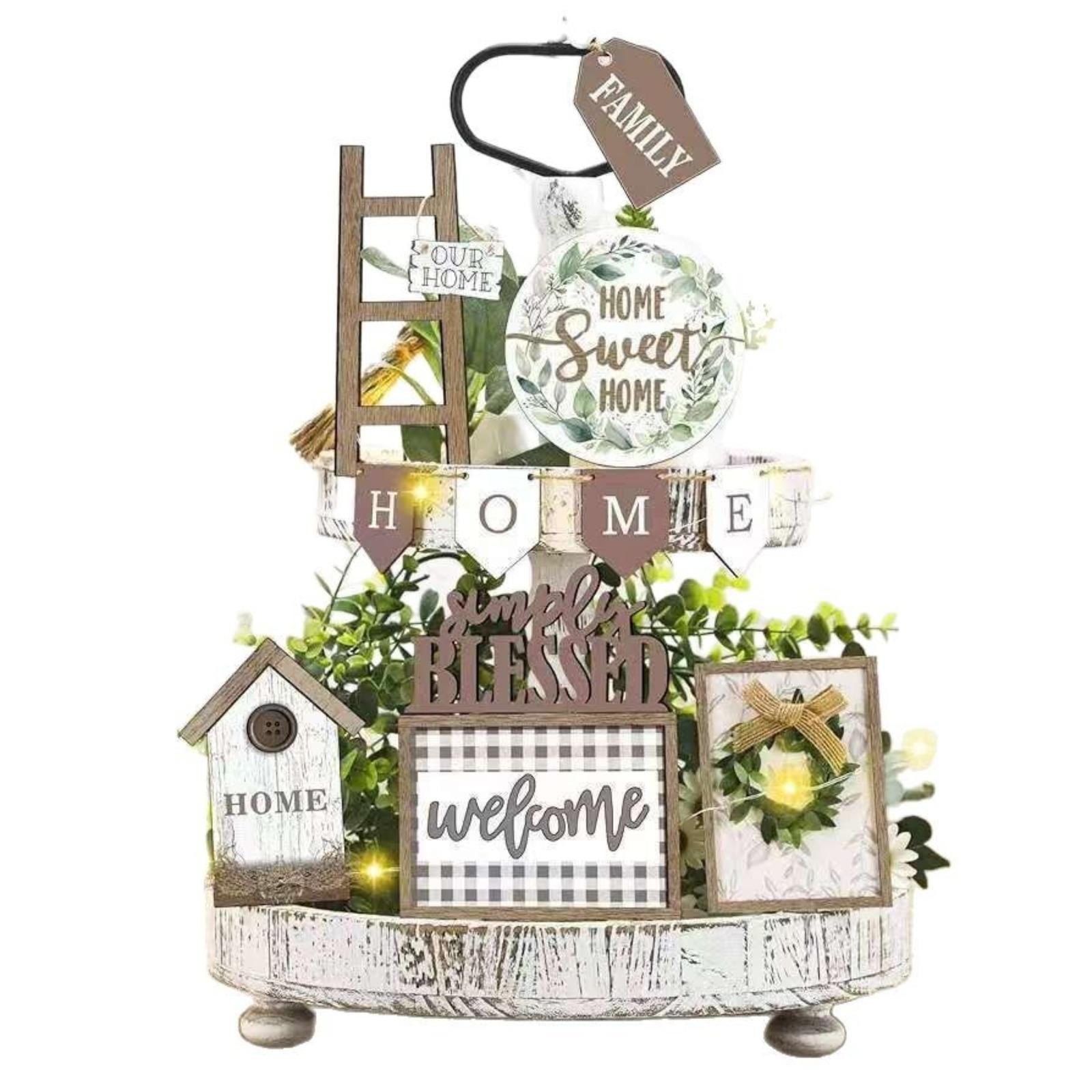 Rustic wooden tiered tray farmhouse garden theme vintage style for kitchen shelf and home decor
