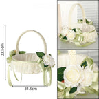 White handwoven wicker wedding flower girl basket with pearl handle and ribbon bow for rustic boho ceremony

