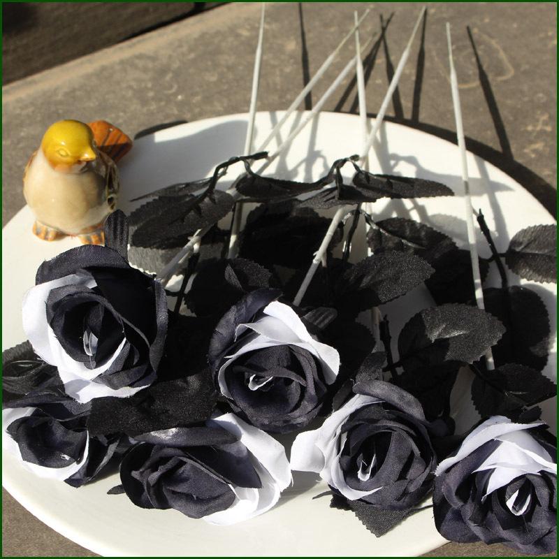 Black and white artificial roses with stems set of 10 for gothic wedding bouquet