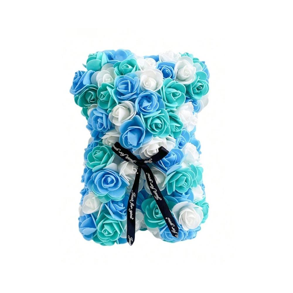 Blue and white foam rose teddy bear with gift box romantic gift for her