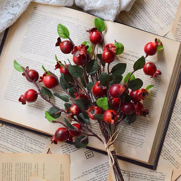Artificial rosehip berries simulation pomegranate faux fruit stem for wreath centerpiece home decor