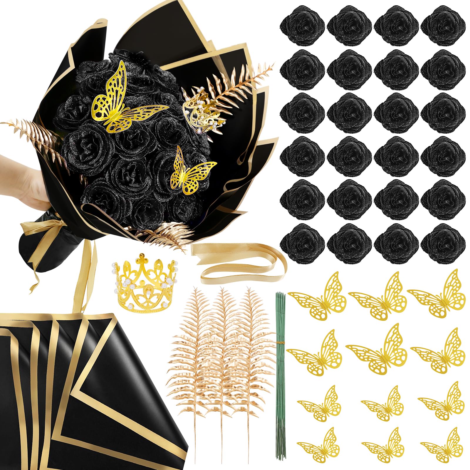Black DIY glitter rose bouquet gift set 24pcs with stickers ribbons butterflies crown for graduation