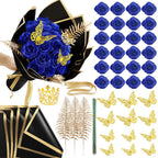Blue DIY glitter rose bouquet gift set 24pcs with stickers ribbons butterflies crown for graduation