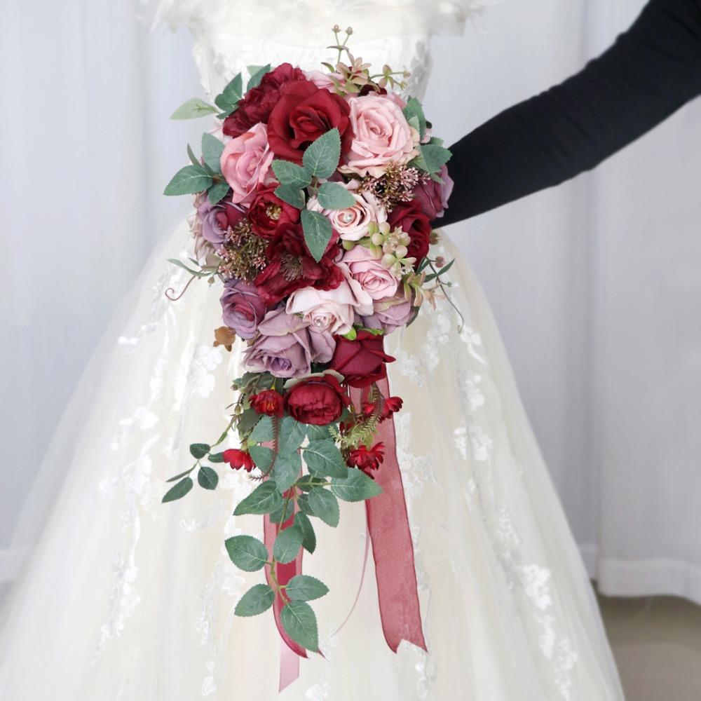 Claret handmade teardrop bridal bouquet artificial flowers for wedding ceremony anniversary