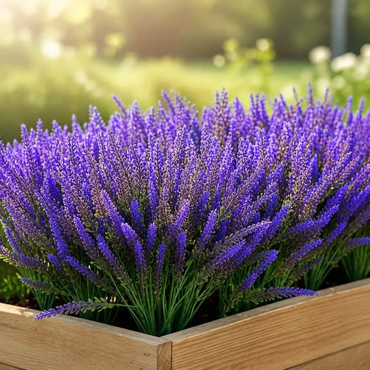 8 bundles artificial lavender flowers densely arranged in rustic wooden planter box, outdoor garden décor in warm sunlight
