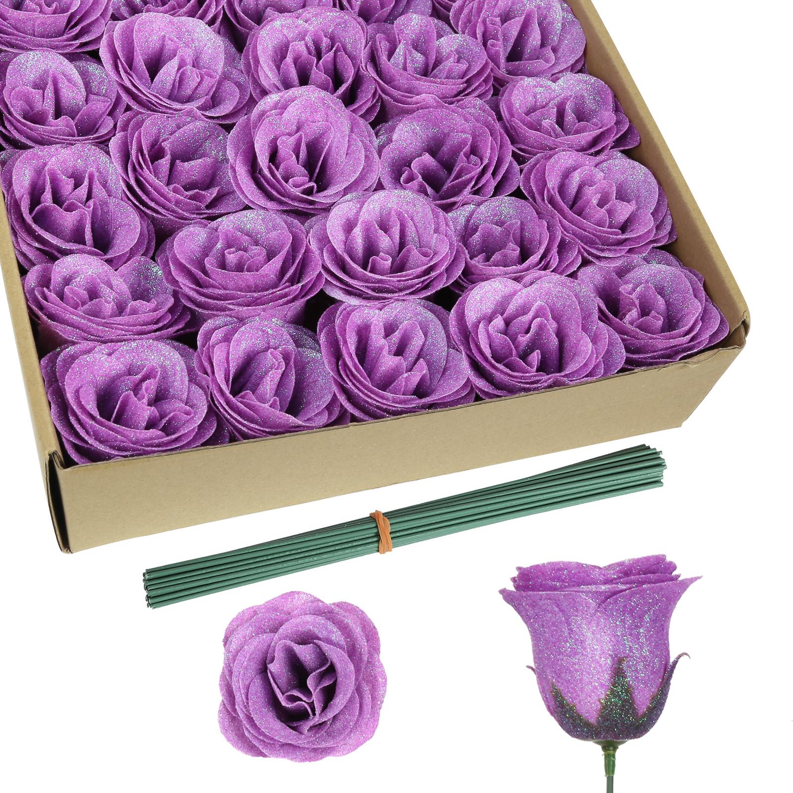 Colorful purple glitter roses bouquet 30pcs with stems for wedding party home decor