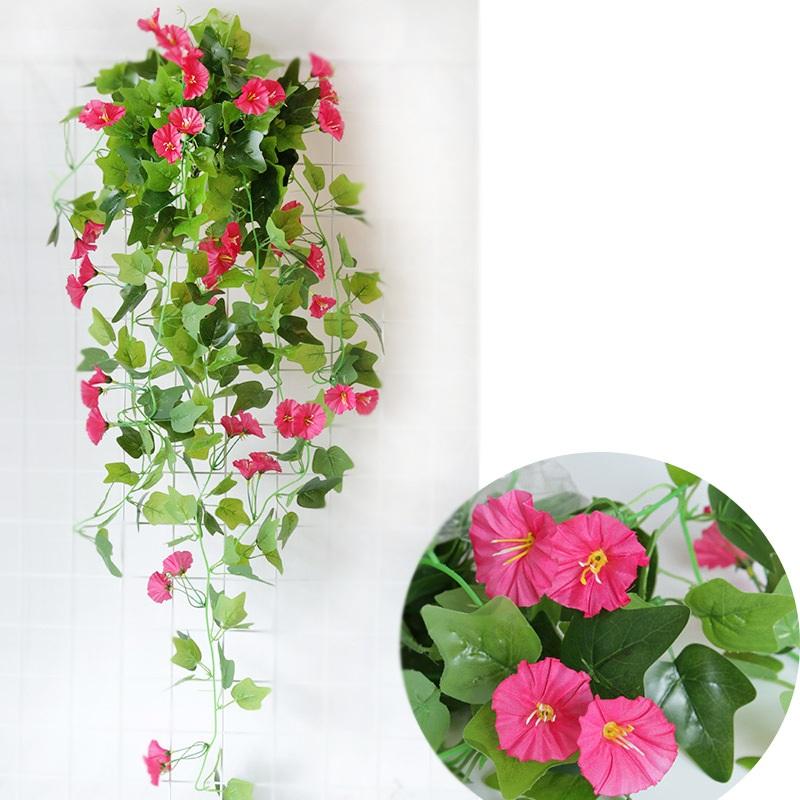 Dark pink artificial hanging pothos vine with flowers for wall balcony living room decor