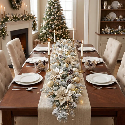 5.9FT Christmas garland with champagne poinsettia blooms, gold ball ornaments, pine cones and pearl berries, styled as a table runner centerpiece on a dark wood dining table with white taper candles and place settings, lit Christmas tree and fireplace in background
