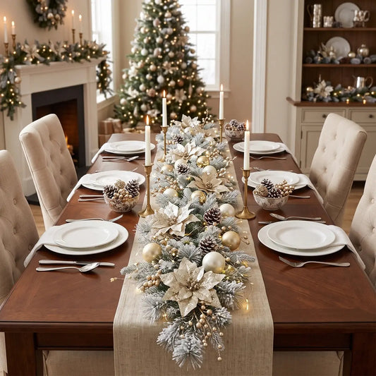 5.9FT Christmas garland with champagne poinsettia blooms, gold ball ornaments, pine cones and pearl berries, styled as a table runner centerpiece on a dark wood dining table with white taper candles and place settings, lit Christmas tree and fireplace in background
