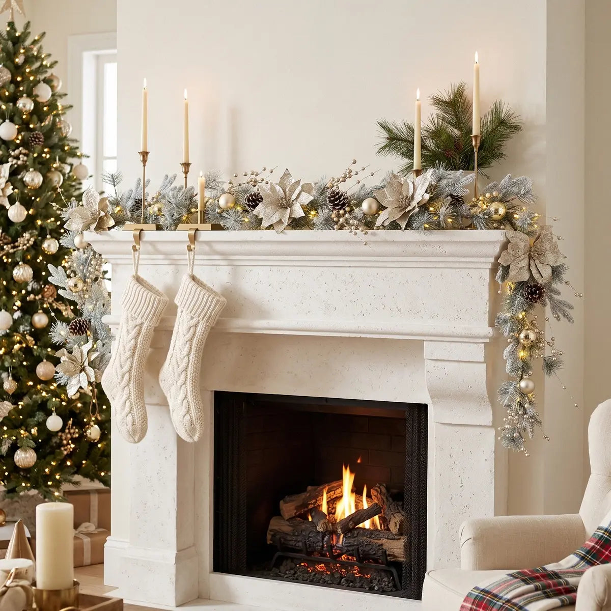 5.9FT Christmas garland with champagne poinsettia blooms, gold ball ornaments, pine cones and pearl berries, draped across a white stone fireplace mantel with taper candles and knit Christmas stockings, beside a fully decorated Christmas tree
