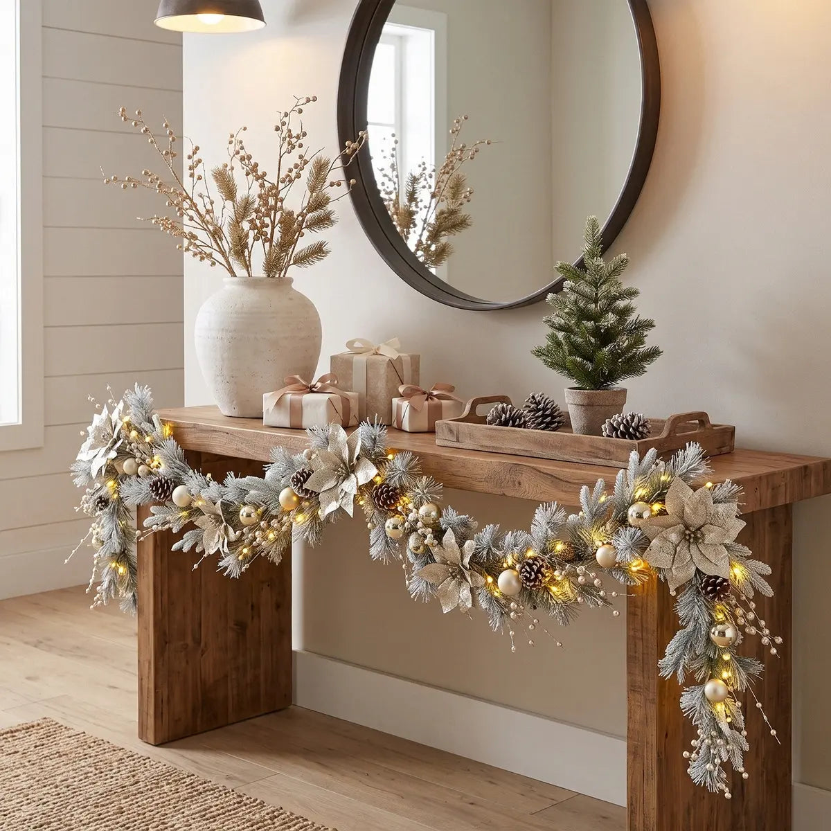 5.9FT frosted Christmas garland with champagne poinsettia, gold ball ornaments and pearl berries with warm fairy lights, draped along a rustic wood console table styled with wrapped gifts, mini Christmas tree and white ceramic vase in a modern farmhouse entryway
