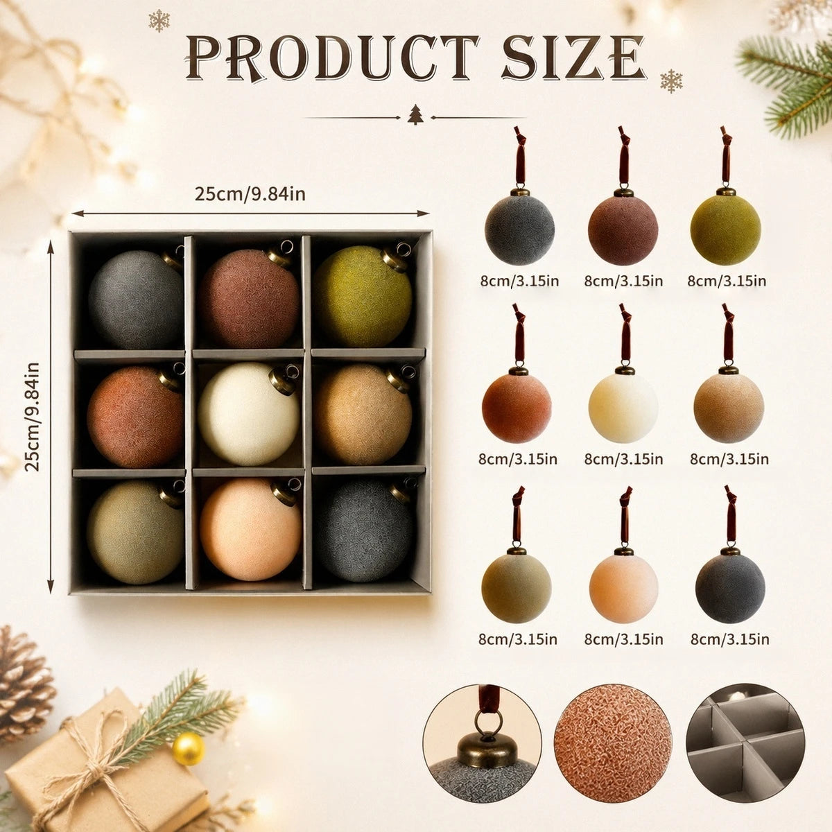 9-Piece Neutral Velvet Christmas Ball Ornament Set