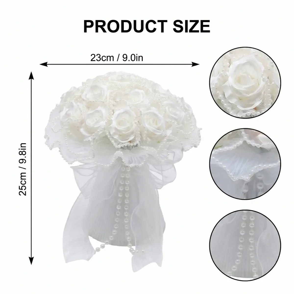 Product size chart for artificial white rose pearl bouquet showing 23cm wide by 25cm tall with close-up detail circles of silk rose petals, organza bow ribbon, and cascading pearl bead strands
