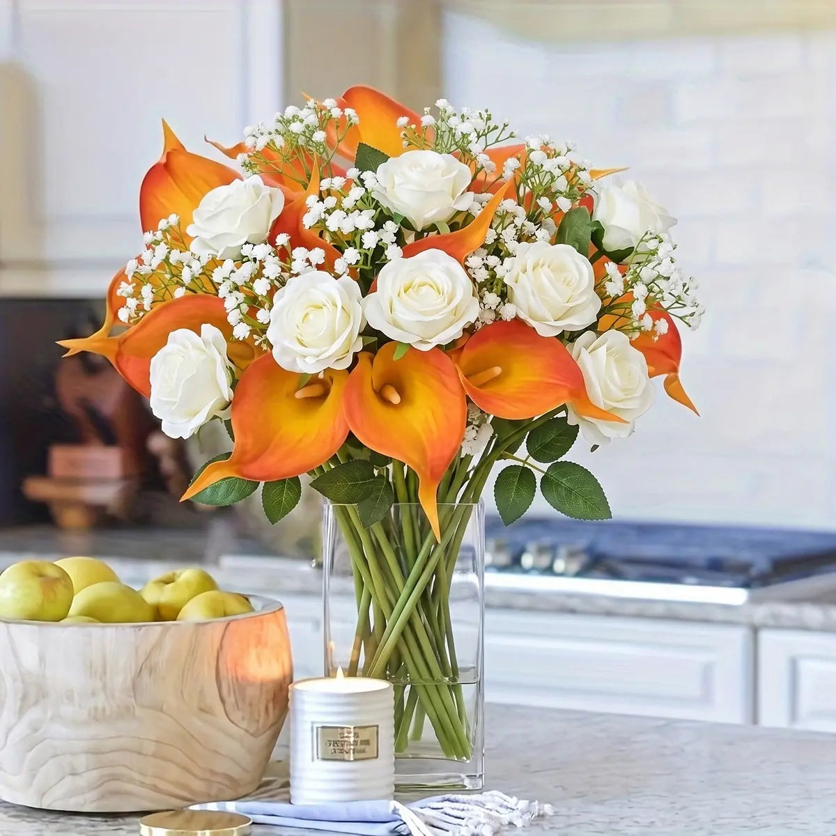 Handmade orange and white faux flower bouquet for Halloween and Thanksgiving home decor
