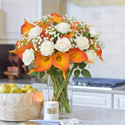 Handmade orange and white faux flower bouquet for Halloween and Thanksgiving home decor