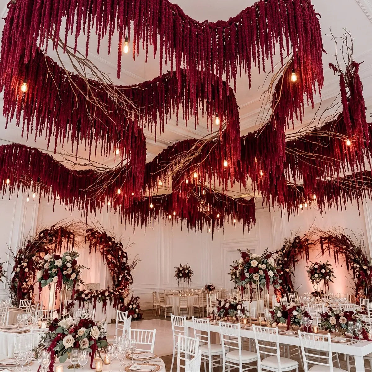Faux burgundy amaranthus ceiling backdrop installation for wedding or party event