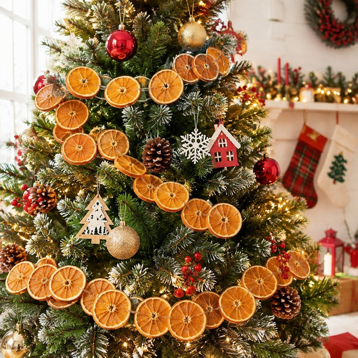 Dried orange slice garland decorating Christmas tree with festive ornaments – IPOPU
