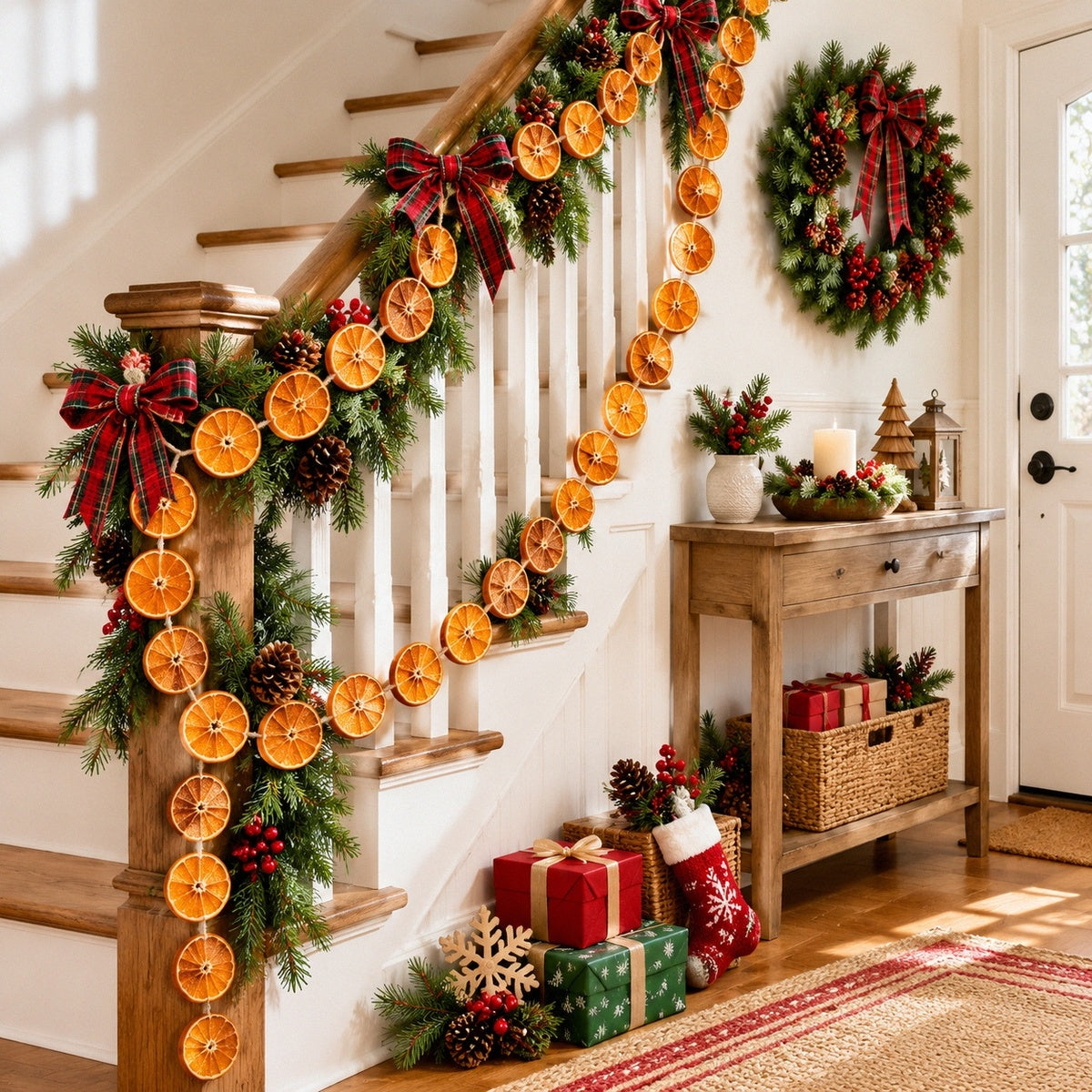 Natural dried orange garland wrapped around staircase railing Christmas decor – IPOPU
