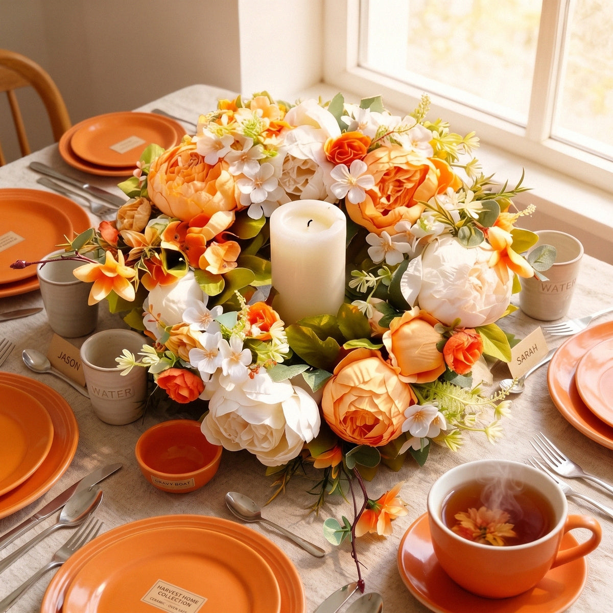 Orange White Silk Peony Fall Wreath – 14in