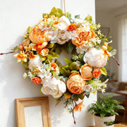 Orange White Silk Peony Fall Wreath – 14in