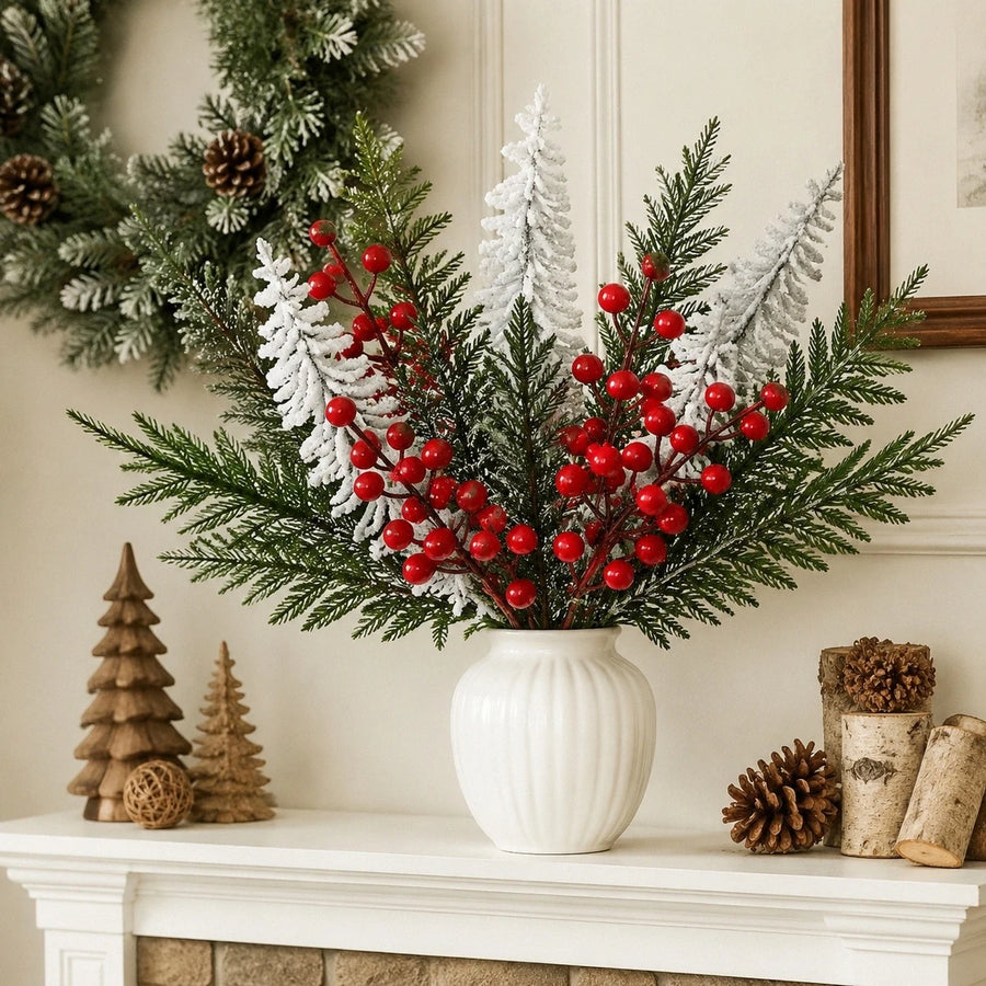 35-Piece Flocked Pine & Red Berry Christmas Stem Set