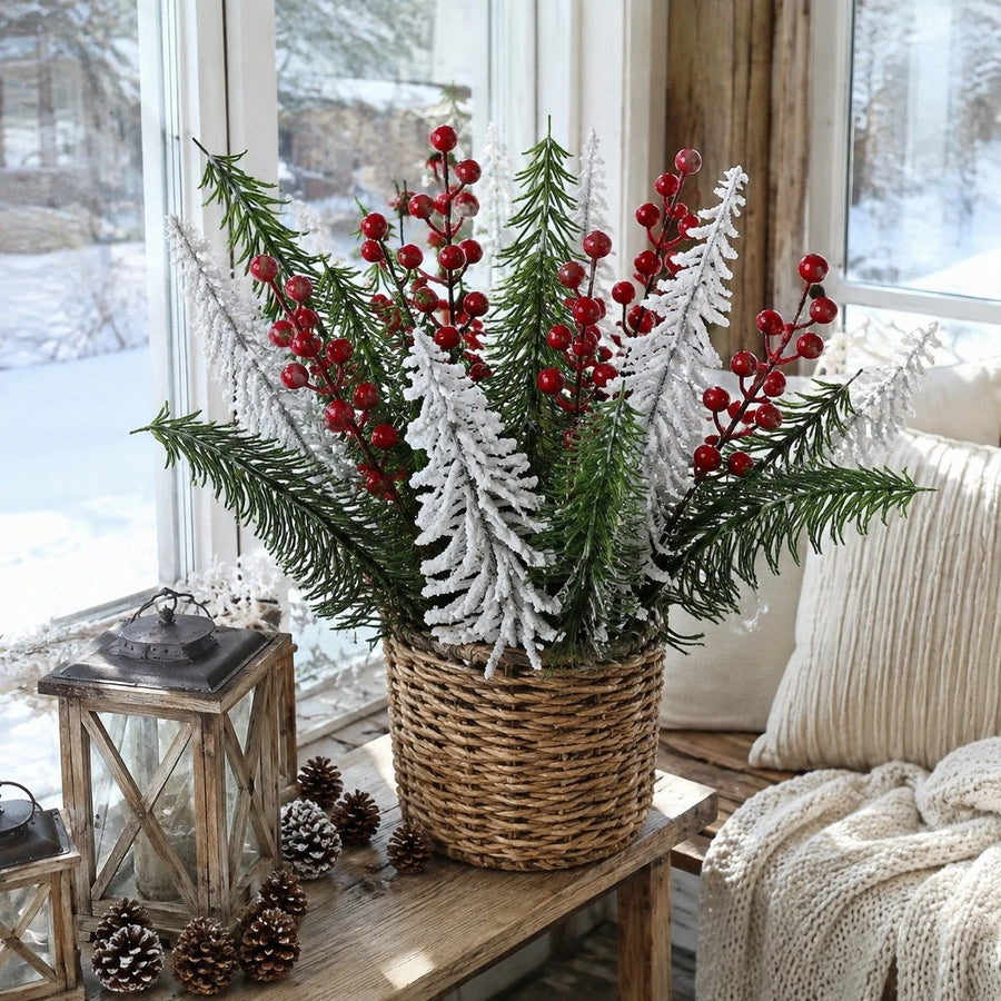 35-Piece Flocked Pine & Red Berry Christmas Stem Set