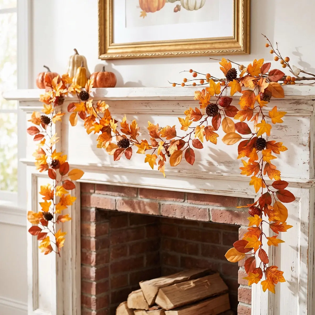 Fall maple leaves garland displayed on a fireplace mantel with orange and red autumn tones