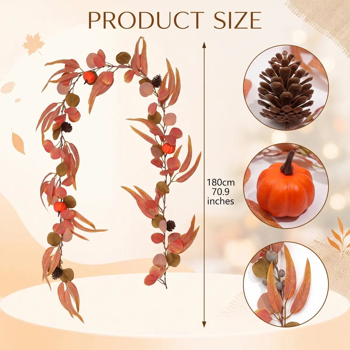 Product size chart for artificial autumn garland with pumpkin and maple leaf dimensions