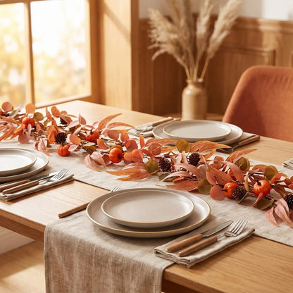 Artificial autumn foliage garland with maple leaves and pumpkins on a Thanksgiving dinner table
