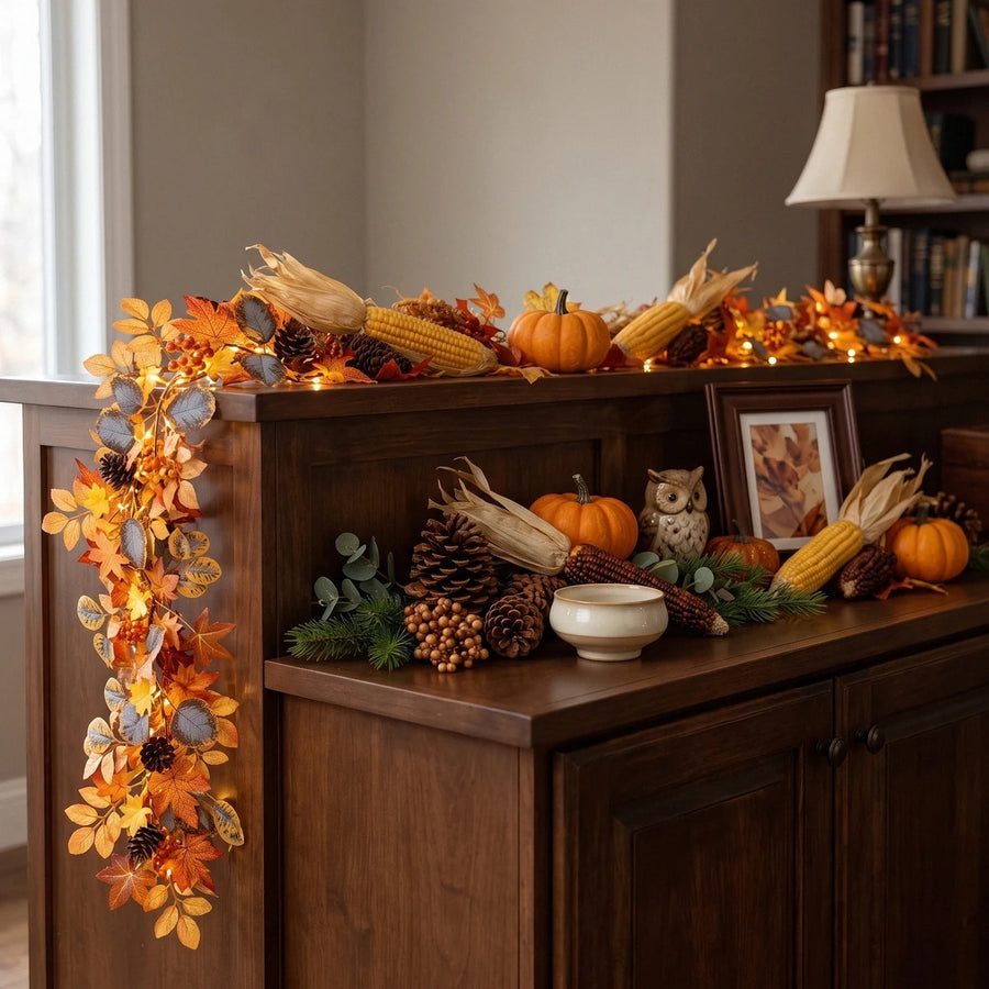5.9FT Pre-Lit Maple Leaf & Pumpkin Fall Garland