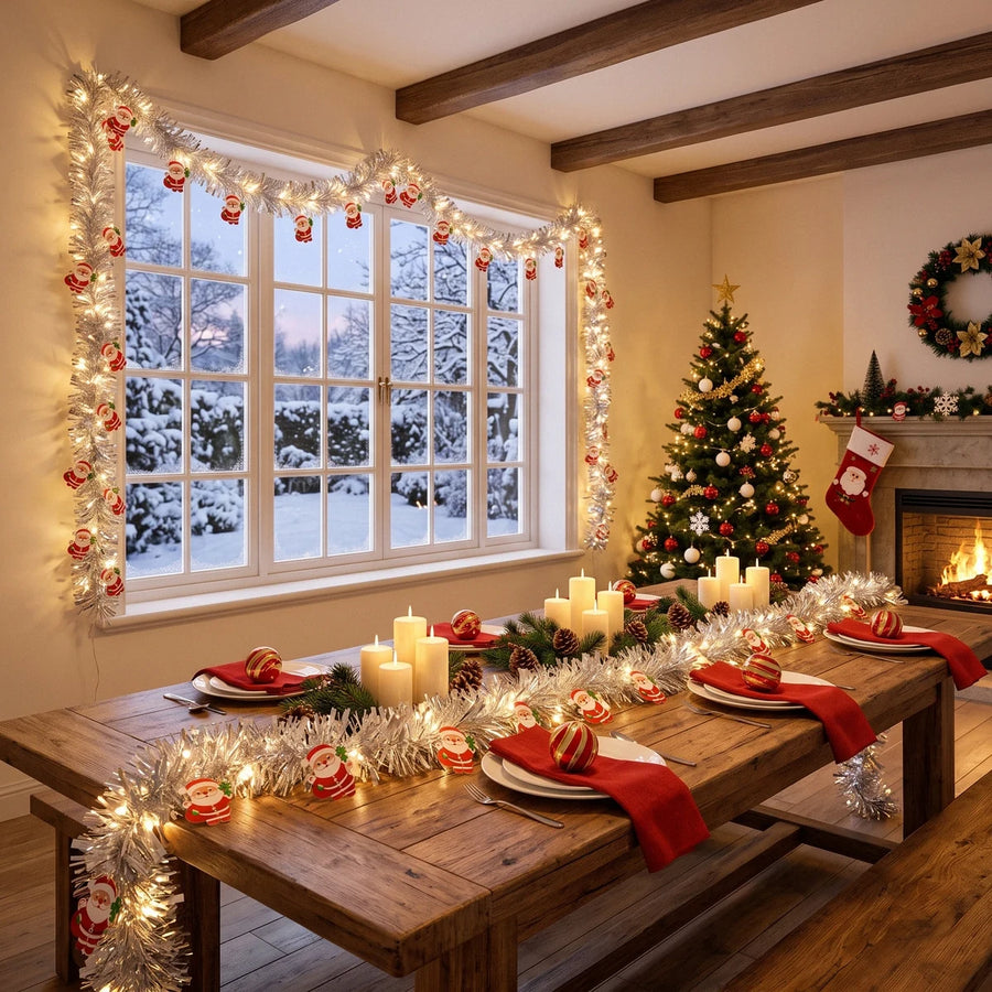 9.8FT Pre-Lit Santa Christmas Tinsel Garland
