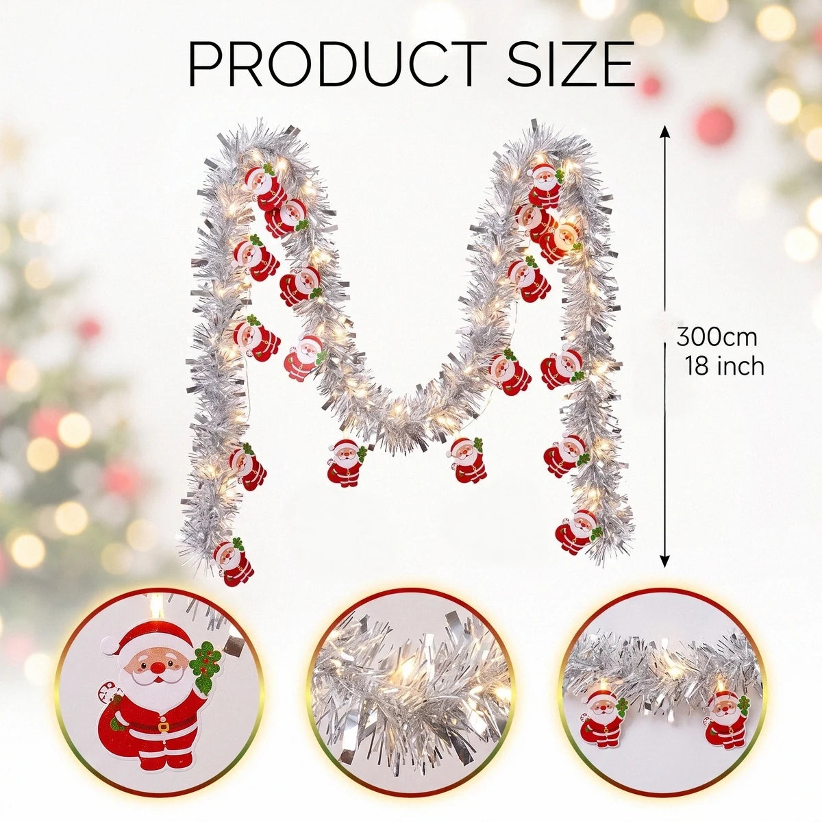 9.8FT Pre-Lit Santa Christmas Tinsel Garland