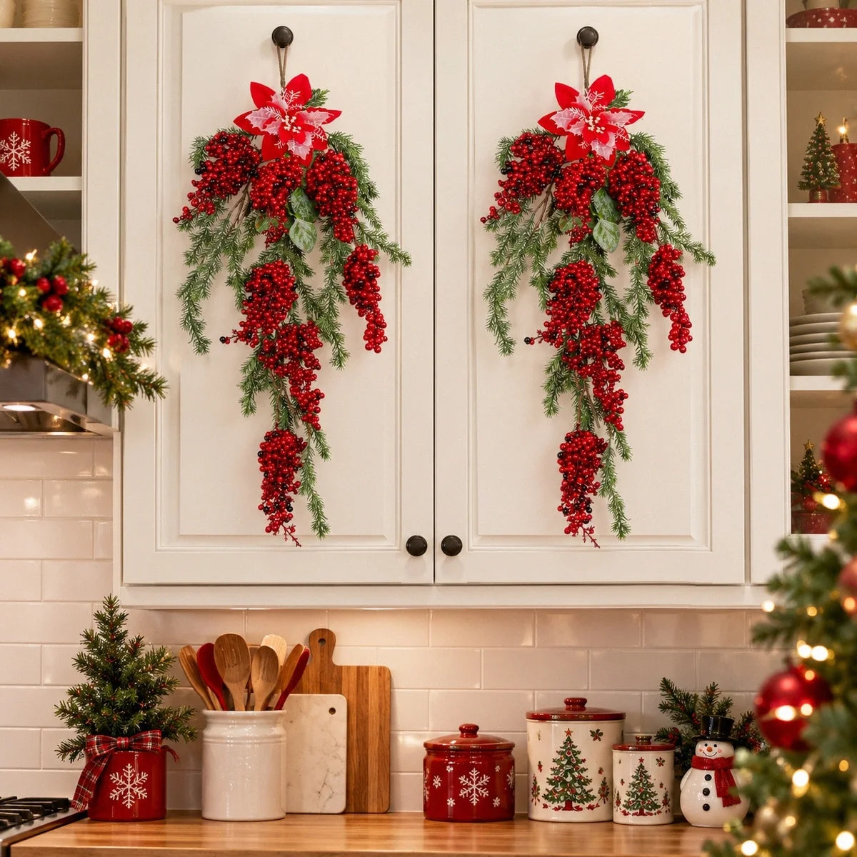 Christmas Teardrop Swag with Poinsettia Flowers and Red Berries